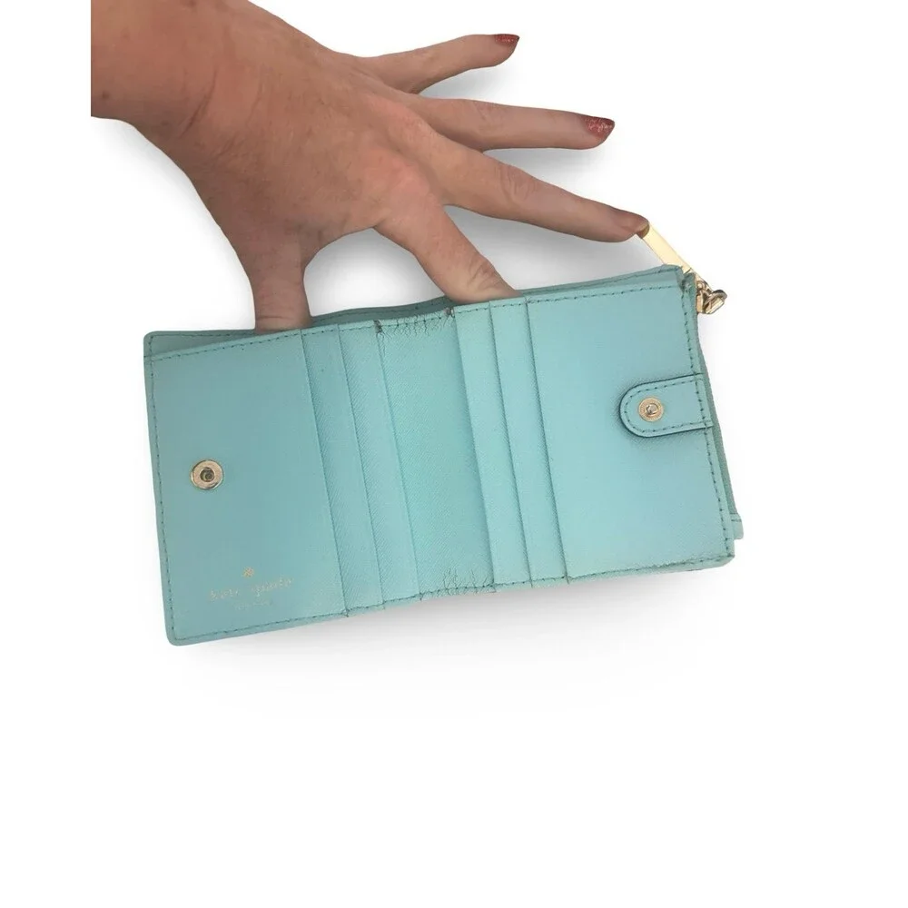 Kate Spade Staci Tiffany Blue Color Saffiano Leather Compact Wallet Cards Cash